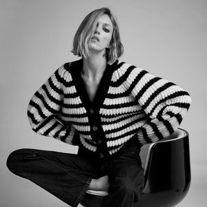 Zara Black and White Striped Oversized Knit Cardigan size M